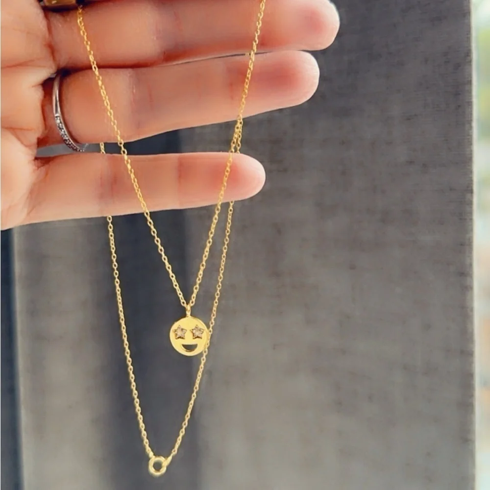 14K Gold Vermeil Star Eyes Smiley Emoji CZ Pendant Necklace